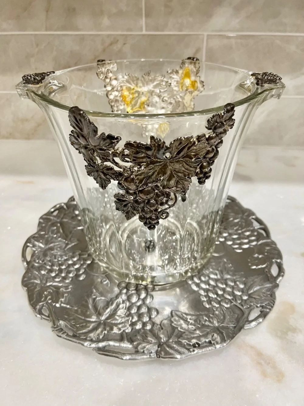 Arthur Court Glass Grape Ice Bucket & Matching 12